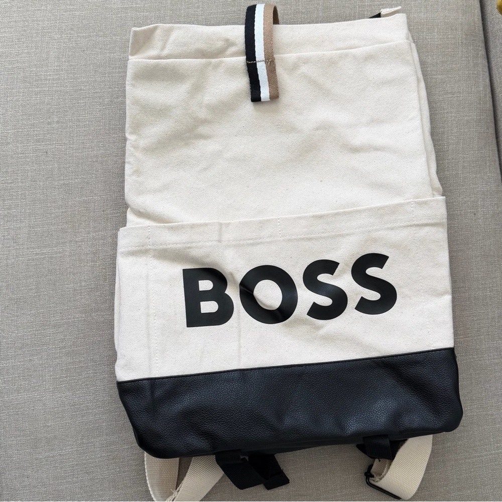 Hugo Boss Canvas Faux Leather Backpack Tote Black White Logo Unisex Casual